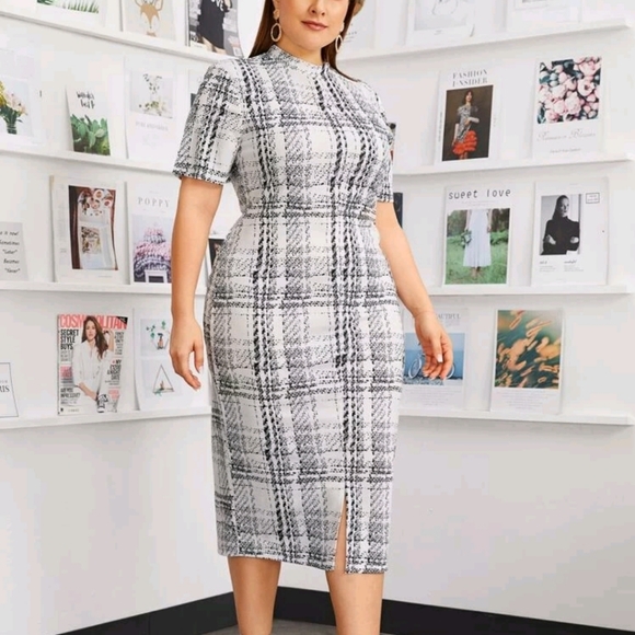 Plus Mock-neck Plaid Pencil Dress - Picture 1 of 2